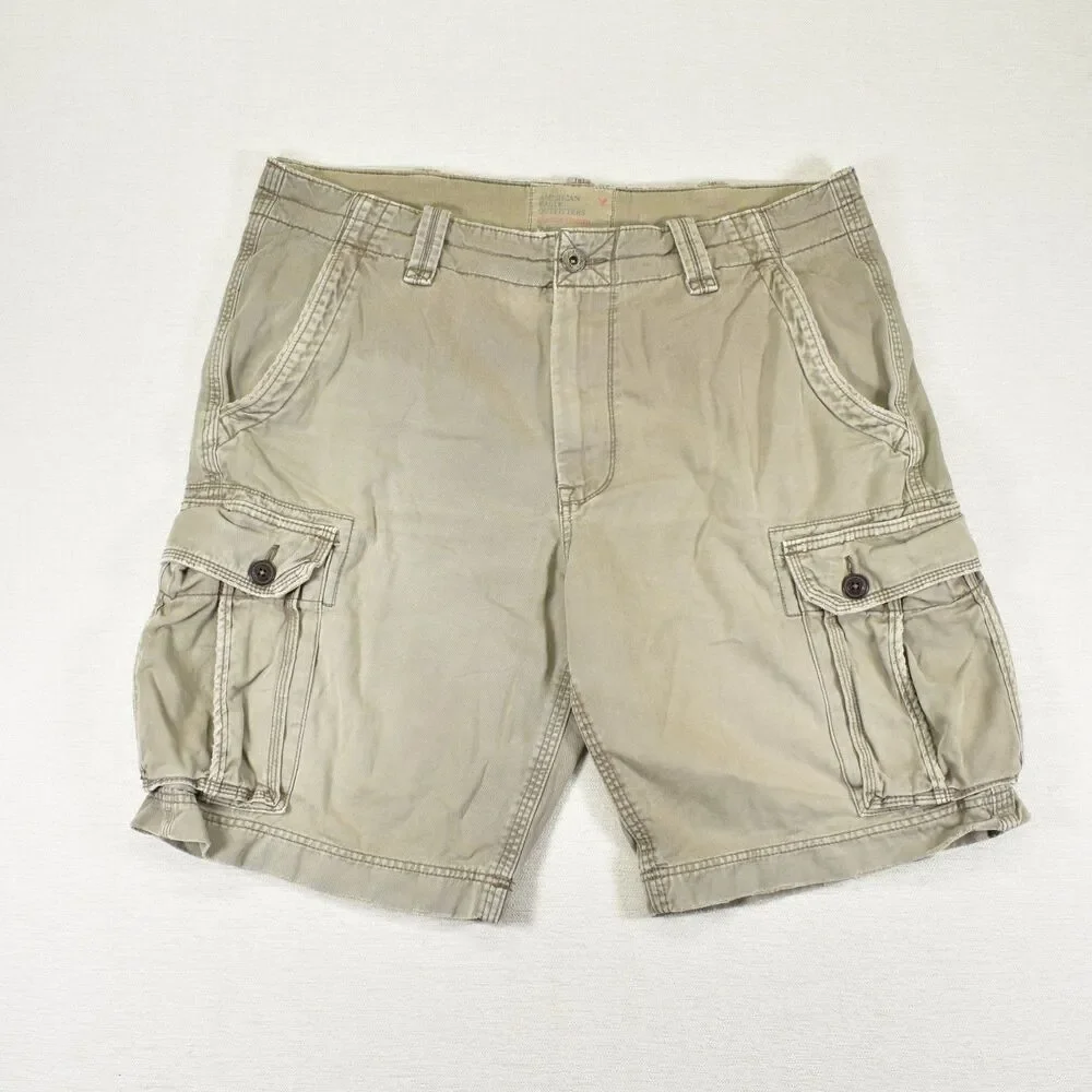 American Eagle Cargo Shorts Mens 38 Khaki Beige Classic Length Y2K Style Grunge